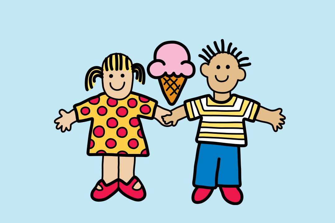 Zwei Kinder Hand in Hand halten ein Eis